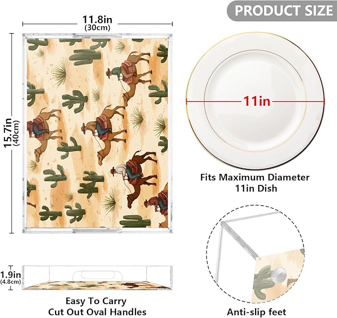 Serving Tray with Handles Clear Acrylic Tray 12x16 Inch Decorative Rectangular Tray Organizer for Ottoman Coffee Table Bathroom Cute Cowboys Camels Cacti