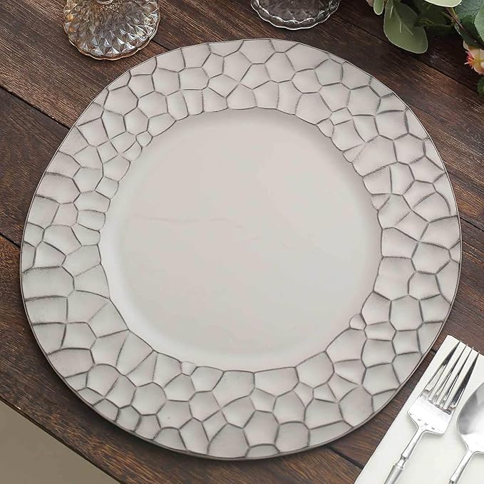 Efavormart 6 Pack | 13" Matte Gray Plastic Hammered Rim Dinner Charger Plates, Decorative Disposable Irregular Round Serving Plates