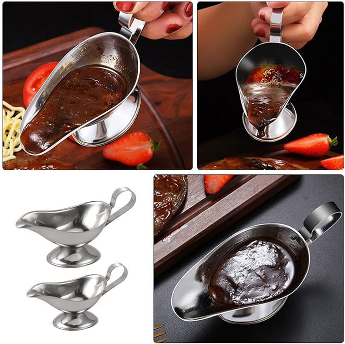 Zerodeko Stainless Steel Gravy Boat Set 4 Pcs with Lid Sauce Dispensers for Kitchen Dining Ideal for Gravy Steak Sauce Salad Dressing and Reusable Cups