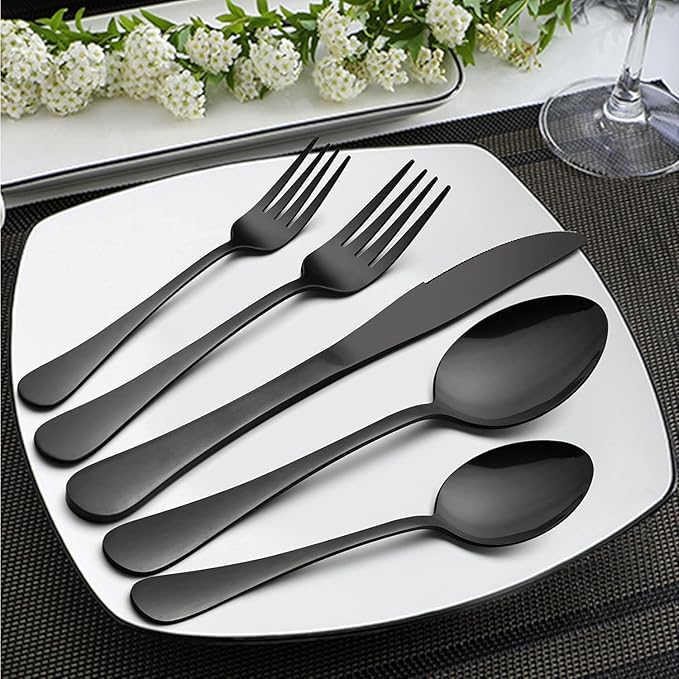 Vesteel 45 Pieces Black Silverware Set with Serving Utensils, Stainless Steel Modern Flatware Cutlery Set for 8, Eating Utensils Tableware Include Forks Knives Spoons, Mirror Polished