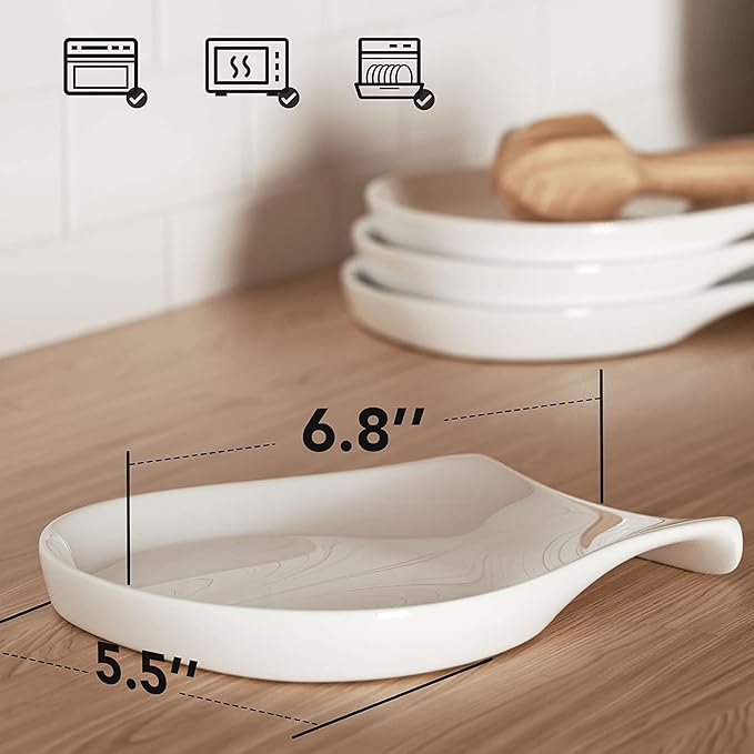 Spoon Rest for Kitchen Counter, 5.5 Inches Spoon Holder, Ceramic Ladle Rest for Stove Top, Spatula Holder Porcelain, Coffee, Kitchen Utensils Accessories, Set of 4, White