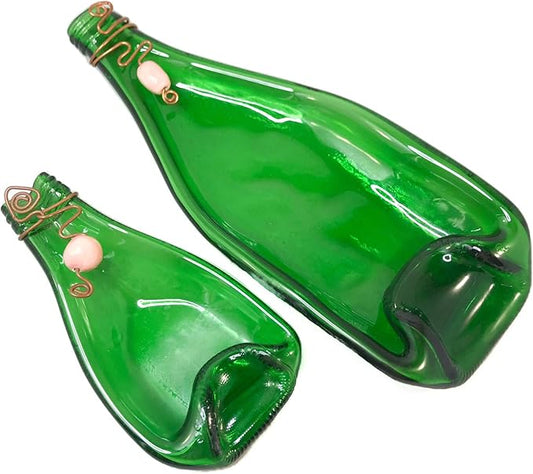 Set of 2 Nesting Appetizer Plates or Ergonomic Dishes for Olives Slumped Glass Bottles Pink Beads