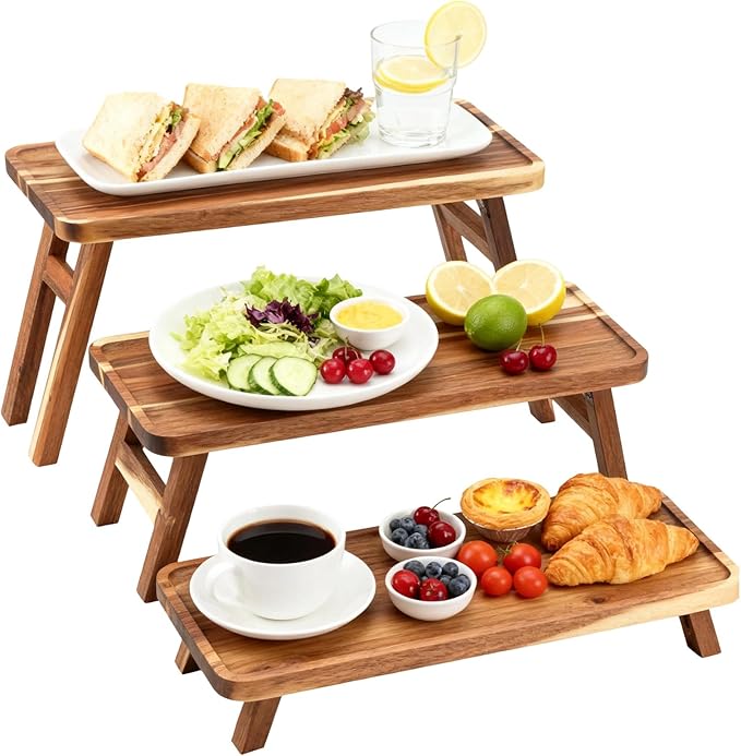 3 Tier Serving Tray for Party,16.9" x 5.9" Platters for Serving Food, Acacia Wooden Tiered Tray Stand Dessert Table Display Set Decor for Party, Birthday, Wedding, Christmas