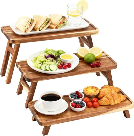 3 Tier Serving Tray for Party,16.9" x 5.9" Platters for Serving Food, Acacia Wooden Tiered Tray Stand Dessert Table Display Set Decor for Party, Birthday, Wedding, Christmas
