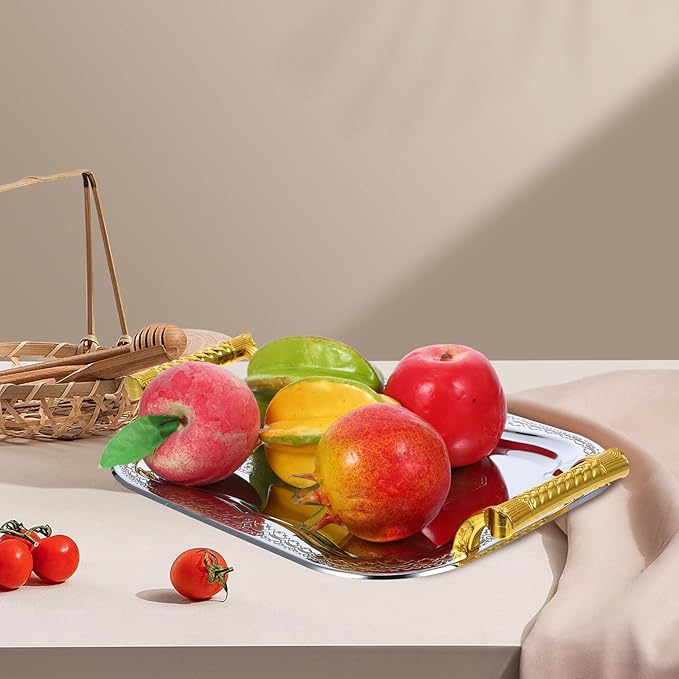 European Style Stainless Steel Serving Tray with Handle, Metal Snack and Fruit Plate for Food Presentation, Sturdy Tea and Beverage Tray for Home and Party Use