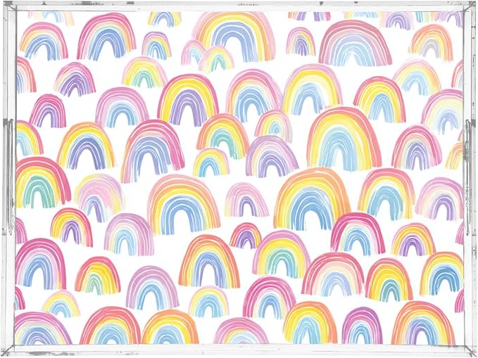 Serving Tray with Handles Clear Acrylic Tray 12x16 Inch Decorative Rectangular Tray Organizer for Ottoman Coffee Table Bathroom Gradient Cute Rainbows