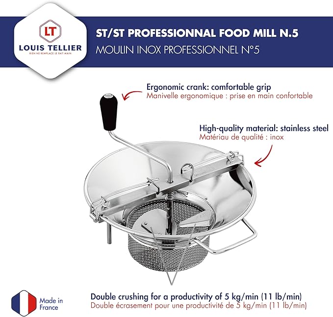 LOUIS TELLIER - Professional Stainless Steel Food Mill - Includes 3mm Disc - High Productivity (11 lbs/min) - Soups, Purees, Compotes, Coulis – Robust - 16.5 in x 15.7 in x 12.6 in - Made in France