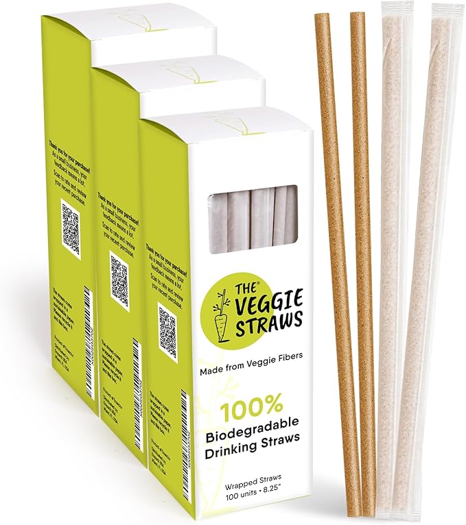 – 300 PCS of 8.25 Inches Individually Wrapped Biodegradable Straws – Made of Vegetable Fibers, Best Environment Friendly Drinking Straws for Hot and Cold Beverages