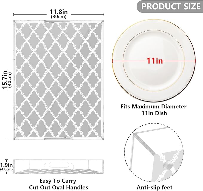 Serving Tray with Handles Clear Acrylic Tray 12x16 Inch Decorative Rectangular Tray Organizer for Ottoman Coffee Table Bathroom Silver Minimalist Quatrefoil