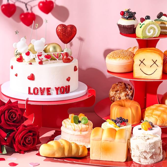 Zopeal 7 Pcs Dessert Table Display Set 3-Tier Cupcake Stand 1-Tier Cup Cake Display Tower Platters and Serving Trays Cardboard Cake Cookie Holders for Wedding Birthday Party Baby Shower(Red)