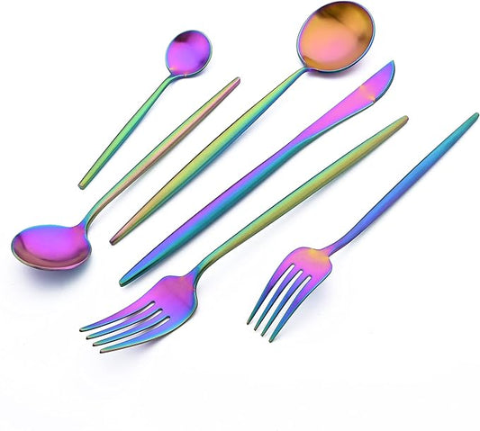 24Pcs Luxury Matte Gorgeous Flatware Set, 18/10 Stainless Steel Simple & Heavy Tableware Cutlery Set For Home Kitchen Wedding Restaurant Dinner, Service For 4 (Rainbow)