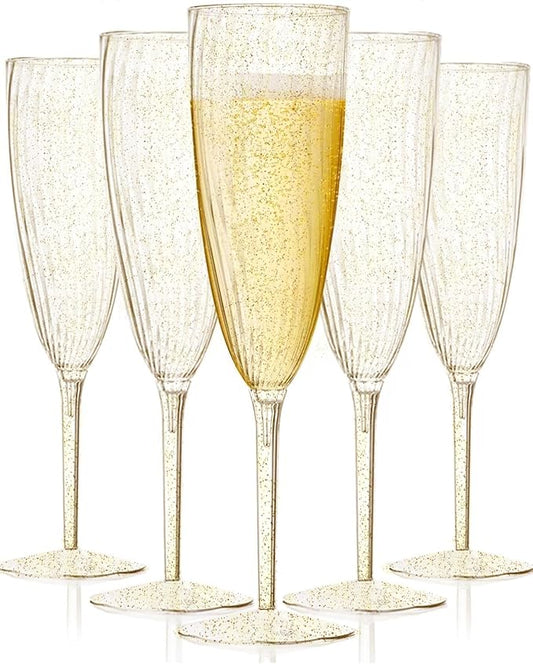 Plastic Champagne Flutes, 36 PCS Gold Glitter Disposable Wine Glasses Reusable Plastic Cocktail Cups for Home Daily Life Party Birthday Wedding Toasting Drinking Champagne(6 oz)