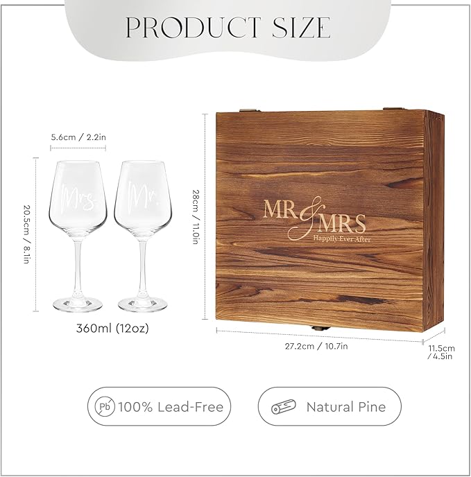AW BRIDAL Mr and Mrs Wine Glasses Wedding Gifts for Couples 2025, Engagement Gift for Newlyweds, Bridal Shower and Bachelorette Gifts for Bride, Wine Opener Stopper and Engraved Wooden Keepsake Box