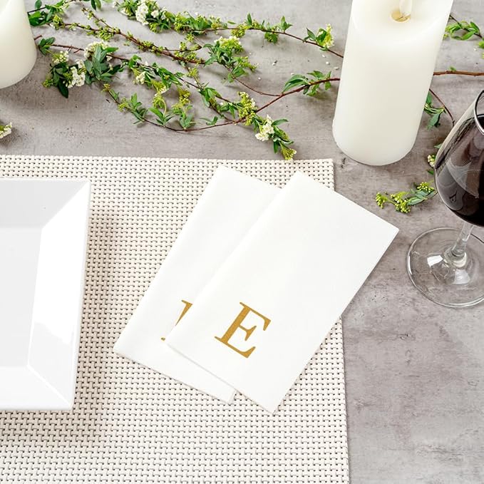 Luxenap 15.8 X 7.9 Inch Linen-Feel Guest Towels, 2000 Lettered Hand Towels - Gold Letter 'E', Sans Serif Font, White Paper Dinner Napkins, airlaid, For Restrooms And Tables - Restaurantware