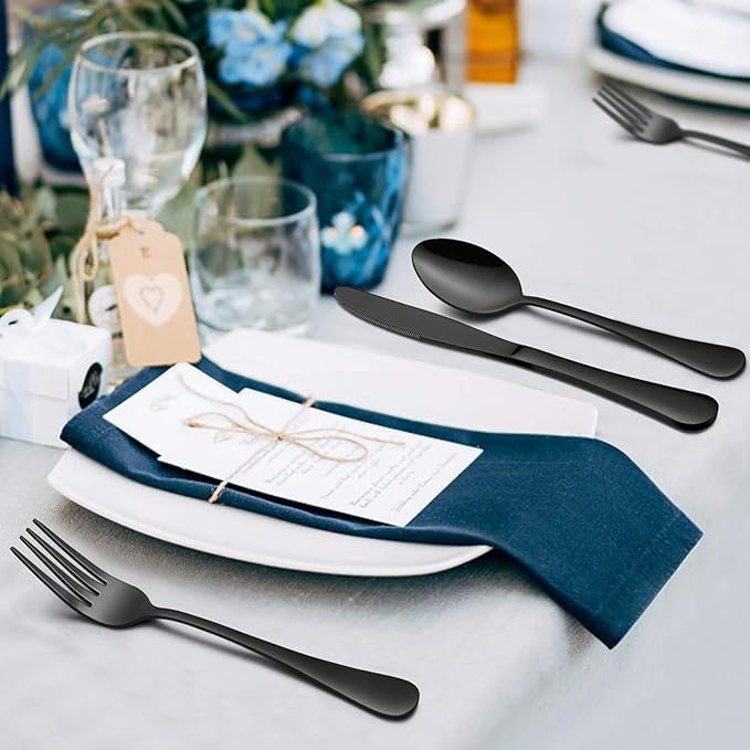 Vesteel 45 Pieces Black Silverware Set with Serving Utensils, Stainless Steel Modern Flatware Cutlery Set for 8, Eating Utensils Tableware Include Forks Knives Spoons, Mirror Polished