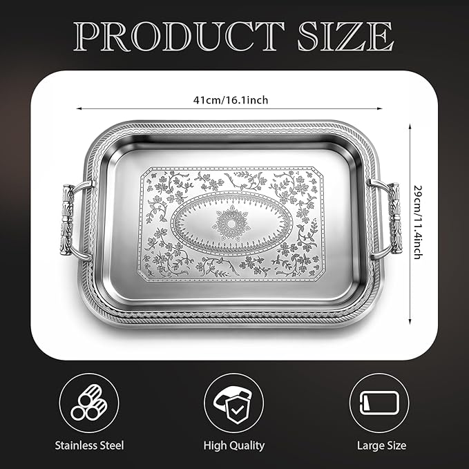 Rtteri Silver Serving Trays with Handles Rectangle Stainless Steel Metal Plate 16.1" x 11.4" Mirror Tray for Cake Cookies Snacks Desserts Fruit Ottoman Coffee Table Living Room Whiskey Table Decor
