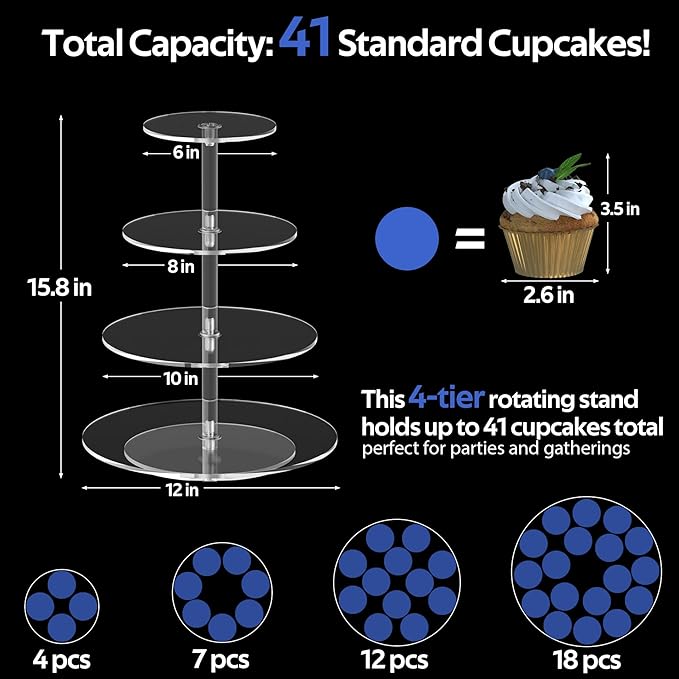 4-Tier Rotating Cupcake Stand, Clear Acrylic 360° Spinning Dessert Display Tower for Cakes & Pastries, Serving Stand for Weddings, Birthdays, Parties