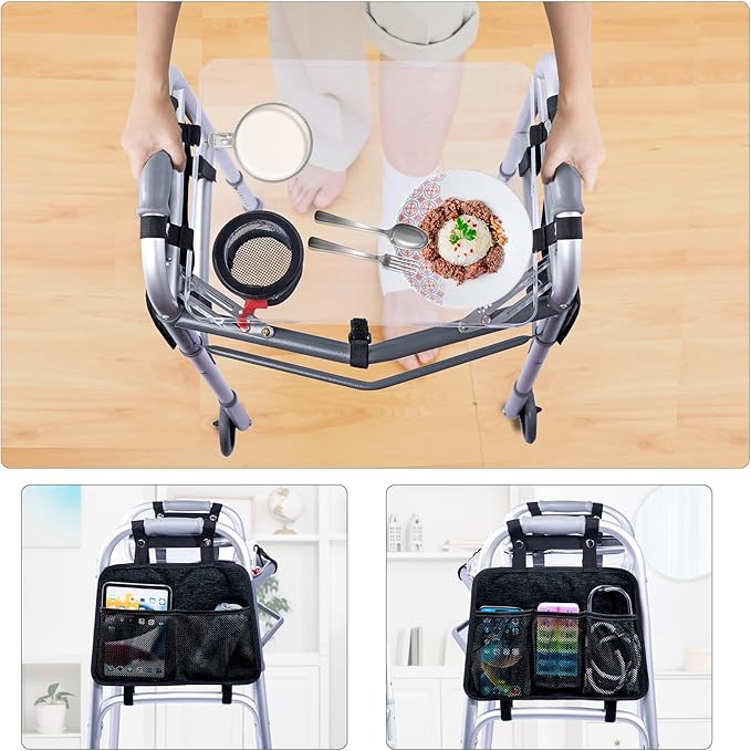 BAGSFY Clear View Walker Tray with Cup Holder & Side Pockets, Transparent Folding Walker Table for Seniors, 8.8lbs Load-Bearing Sturdy PP Tray, Universal Fit Walker Accessory for Elderly