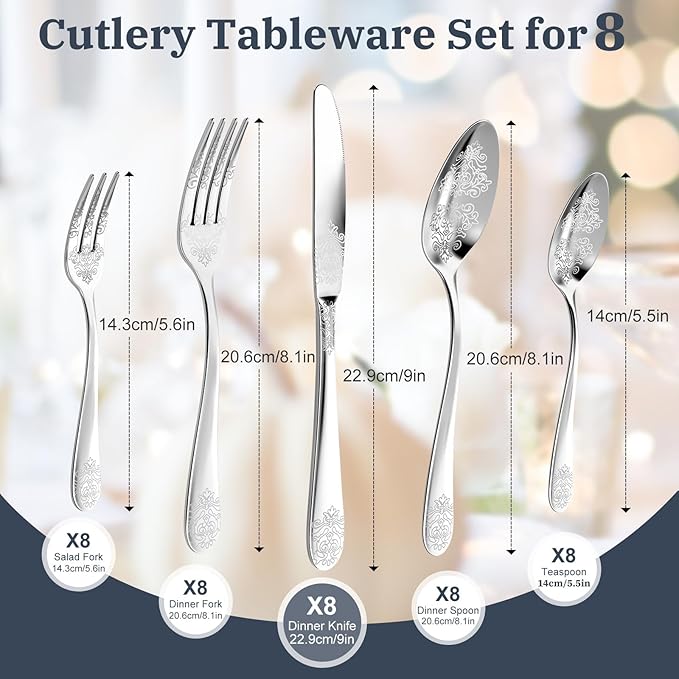 40-Piece Stainless Steel Silverware Set, Elegant Floral Engraved Cutlery Flatware Set for 8, Durable Tableware Utensil Sets Silver Include Fork Spoon Knife with Mirror Polish