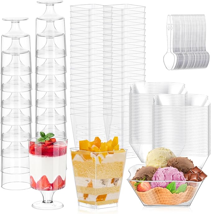 tchrules 300 Packs 5oz Dessert Cups with Spoons, 3 Styles Mini Plastic Appetizer Cups, Clear Parfait Cup for Party, Cake Cups for Tiramisu, Pudding, Snacks, Yogurt, Fruits