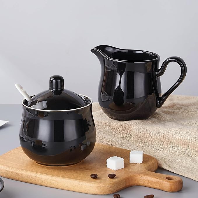 12 OZ Ceramic Sugar and Creamer Set, Coffee Serving Set, 5 Piece Cream Pitcher Sugar Bowl with Lid and Spoon (Black)