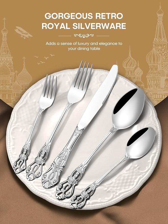 Stapava 40 Pcs Gorgeous Retro Royal Silverware Set, Stainless Steel Cutlery Flatware Set for 8, Include Forks Spoons and Knives set, Dishwasher Safe Utensils Set, Mirror Polished