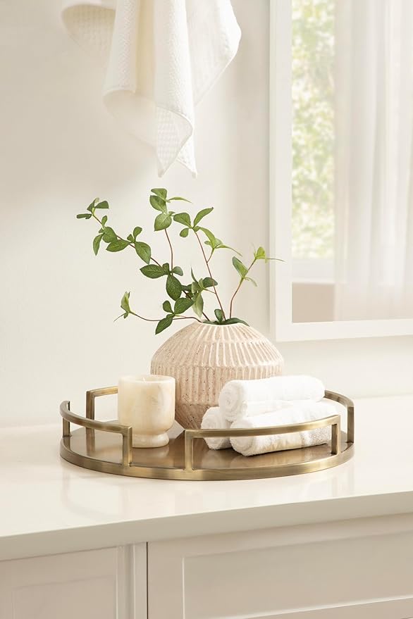 Kate and Laurel Gohana Round Tray with Metal Handles, 16 Inch Diameter, Antique Brass, Modern Glam Serving Tray with Handles for Use as Ottoman Topper or Living Room Decor