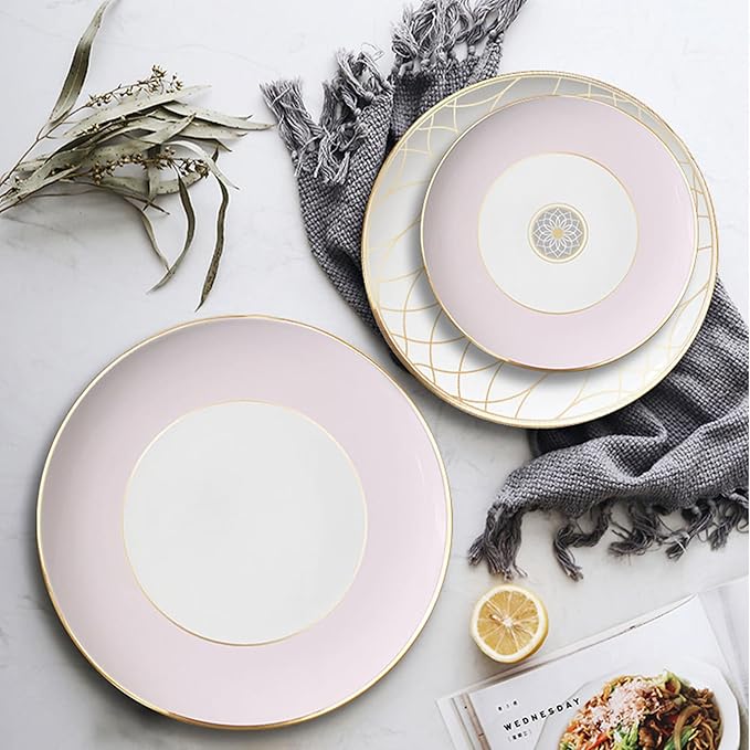 gold trim dinnerware set service for 4, 16 pieces pink and white ceramic plate set, luxury bone china dishes sets for wedding, anniversary, fine dining present