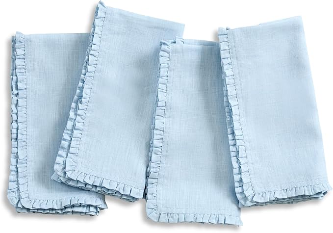 Solino Home Ice Water Linen Dinner Napkins 20 x 20 Inch - 100% Pure Linen Juliette Ruffle Cloth Napkins Set of 4 for Christmas, New Year - Handcrafted and Machine Washable