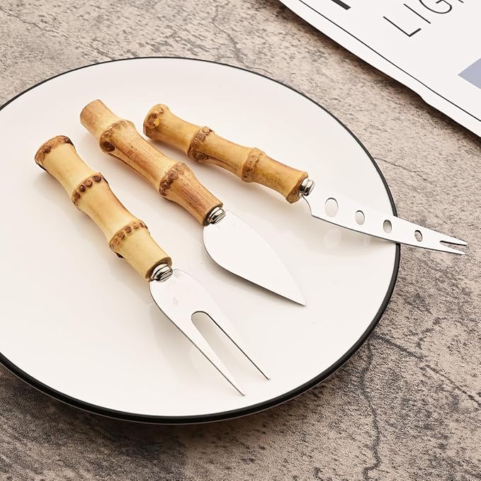 6-Piece Bamboo Silverware Set, Stainless Steel Flatware Hostess Serving Set Bamboo Utensils Tableware Set for Home Camping Travel Hotel - 6pcs Cheese Knife