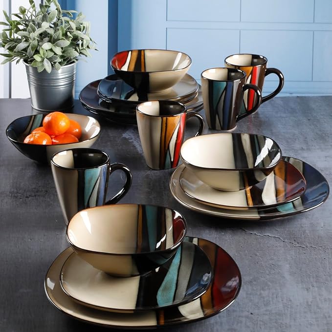 Gibson Elite Althea 16 Piece Reactive Glaze Dinnerware, Multicolor -, Service for 4 (16pcs), Red