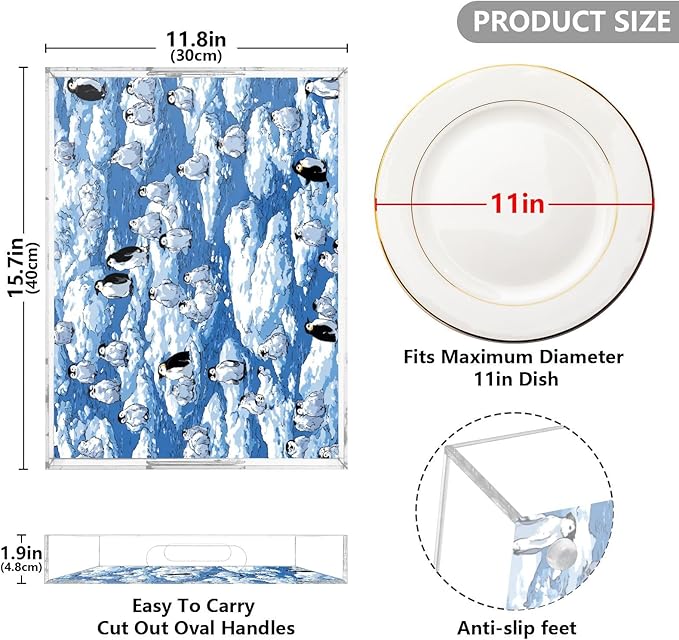 Serving Tray with Handles Clear Acrylic Tray 12x16 Inch Decorative Rectangular Tray Organizer for Ottoman Coffee Table Bathroom Blue Penguins Ice Floes Snow Water