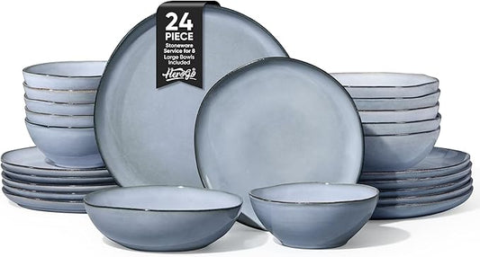 Herogo Stoneware Dinnerware Sets for 6, 24 Piece Ceramic Dinner Dishes Set, Irregular Handmade Plates and Bowls Dishware, Crack and Scratch Resistant, Reactive Glaze, Smoky Blue