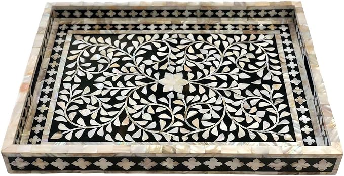 Hansa Handmade Bone Inlay Serving Tray Rectangle Tray Geometrical Pattern Decorative Platter Basket Tray for Ottoman
