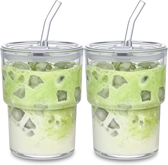 MINGHYZYA 13oz Glass Tumbler with Straw and Lid, Leak Proof Iced Coffee Cup, Thick Wall BPA Free Drinking Glass Water Cups for Iced Coffee, Matcha, Smoothie and Travel-(Clear-2pack)