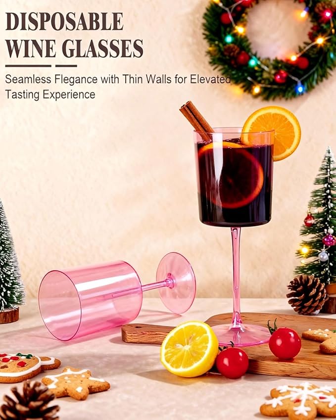 Ciaell 12 Pack Pink Plastic Wine Glasses - 14Oz Plastic Wine Glasses with Stem - Disposable Stemmed Wine Glass for Parties & Weddings & Outdoor