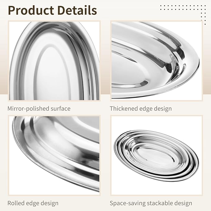 3 Pcs Stainless Steel Serving Tray Set, Large Oval Platter Set, Mirror Polish Sizzle Plate, Heavy Duty Dinner Plates, 11.9/13.6/15.7 in, Silver-Tone Serving Trays for Kitchen, Restaurant