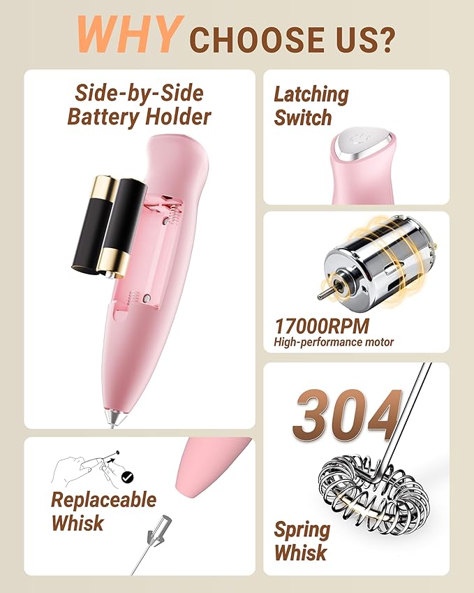 Milk Frother With Stand Handheld Frother Wand Drink Mixer Handheld Coffee Stirrers Electric Frother for Coffee Mixer Wand with 2 Whisk frother for protein powder-Pink
