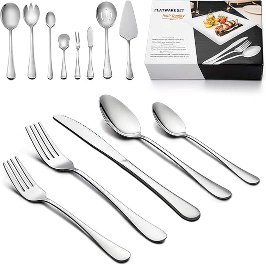 LIANYU 48-Piece Silverware Set with Serving Utensils, Flatware Set for 8, Includes Knives, Spoons and Forks, Stainless Steel Cutlery Eating Utensils, Mirror Finish, Dishwasher Safe