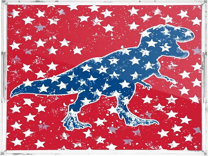 Serving Tray with Handles Clear Acrylic Tray 12x16 Inch Decorative Rectangular Tray Organizer for Ottoman Coffee Table Bathroom Red T-rex and Us Flag Stars