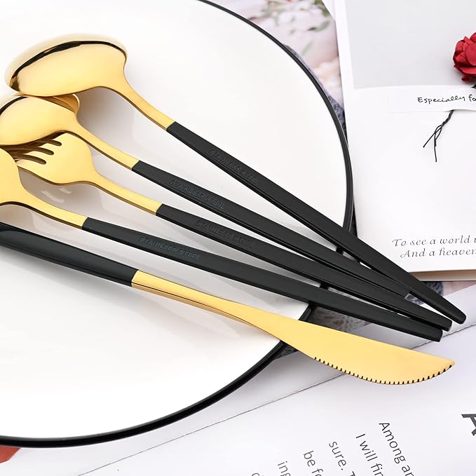 30-Piece Snplowum Mirror Flatware Serving Set, 18/0 Stainless Steel Dinnerware With Black Handle, Modern Durable Home Kitchen Eating Tableware Set Service For 6 (Black Gold)