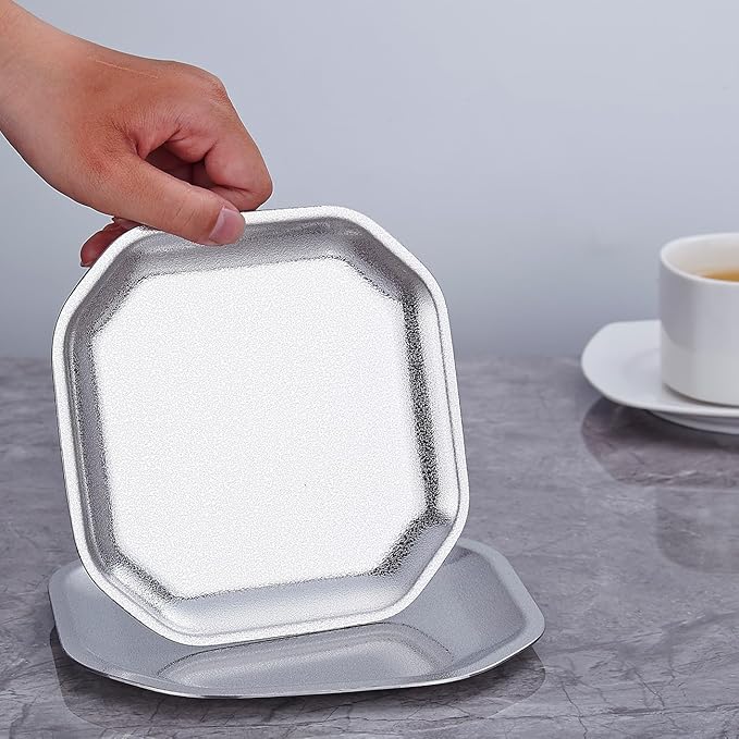 5.9x5.9 inch square Appetizer Plates,thick stainless steel Dinner Plates, Pasta Dessert Plates for Sushi, Fruit oven/Dishwasher Safe, Set of 4,silver