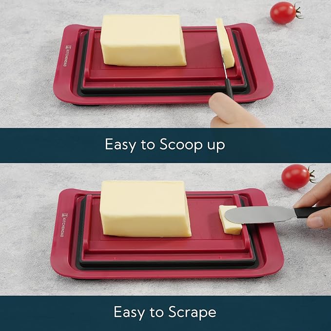KITCHENDAO Airtight Butter Dish with Lid and Knife, Plastic Butter Holder for Countertop and Refrigerator, Keep Butter Fresh-Easy Scoop-Dishwasher Safe, Butter Tray for West/ East Coast Butter, Red