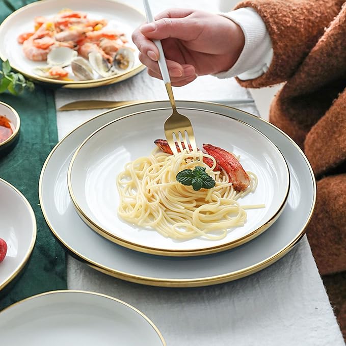 18 Piece Dinnerware Set Service for 4 People, Plates and Bowls Sets, Round Gold Trim Ceramic Dinner Set, Porcelain Dinnerware Set Dish Set, Tableware Multiplayer Set Salad Bowl Home GIF
