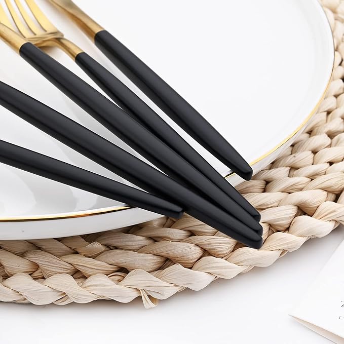 24-piece Snplowum Matte Gold Tableware, 18/10 Stainless Steel Utensils Heavy Serving Set With Black Handle For Dinner & Dessert Home Restaurant Flatware Set, Service For 4 (Black Gold)