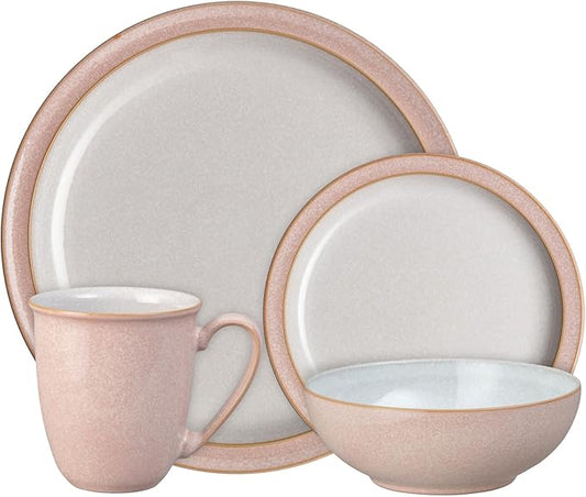 Denby - Elements Sorbet Pink Dinner Set For 1-4 Piece Ceramic Tableware - Dishwasher Microwave Safe Crockery Single Place Setting - 1 x Dinner Plate, 1 x Small Plate, 1 x Cereal Bowl, 1 x Coffee Mug