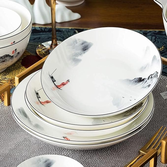 Dishes/Plate/Bowl Set,Dinnerware Sets for 4/6/ 12, Chinese Dinner Set, Black and White Plates and Bowls Set, Dish Set/Tableware Set, Chinese Ancient Ink Painting Design - for Home, Kitc
