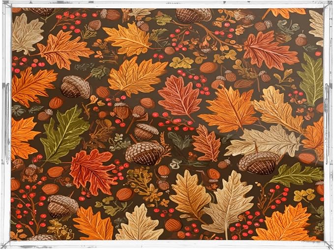 Serving Tray with Handles Clear Acrylic Tray 12x16 Inch Decorative Rectangular Tray Organizer for Ottoman Coffee Table Bathroom Brown Maple Leaves Acorns Berries Branches