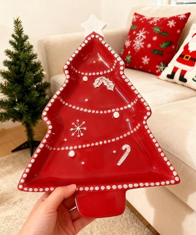12 Inches Snacks Appetizer Trays Set, Christmas Tree Dessert Porcelain Serving Dishes, Snack Platter, Food Cereal Salad Tray, Red Xmas High Relief Ceramic Plate - Star