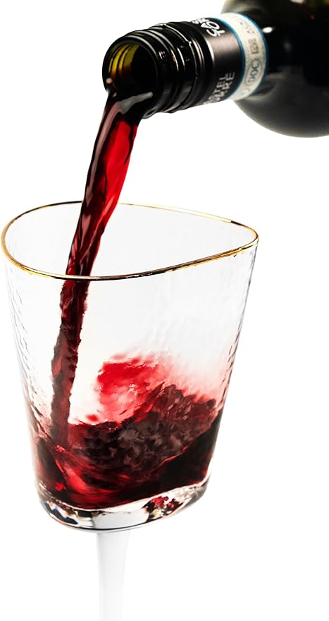 Bec's Designs Gold Rimmed Wine Glasses – Set of 4, 10oz Handblown Hammered Glass, Unique Triangular Shape – Elegant Stemware for Red, White & Champagne